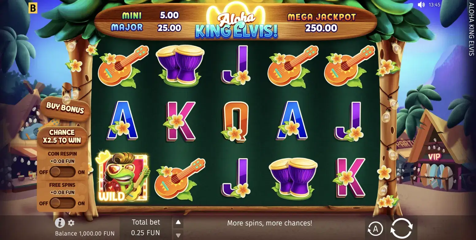 Aloha King Elvis main game interface showing live jackpot tracker, Buy Bonus panel and control bar