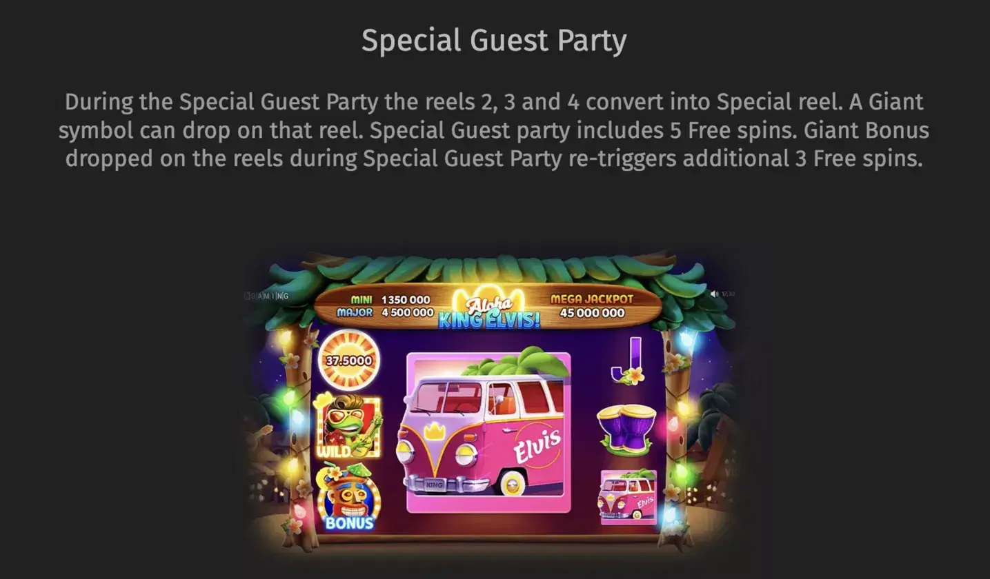 Aloha King Elvis Special Guest Party — Giant Elvis Van symbol filling the central three reels