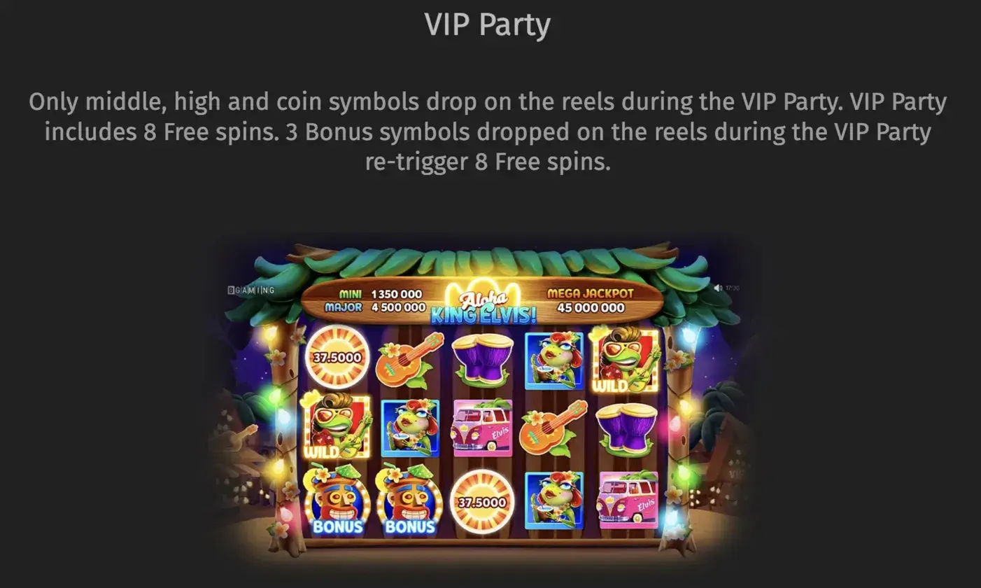 Aloha King Elvis VIP Party free spins with premium-symbol-heavy reel set